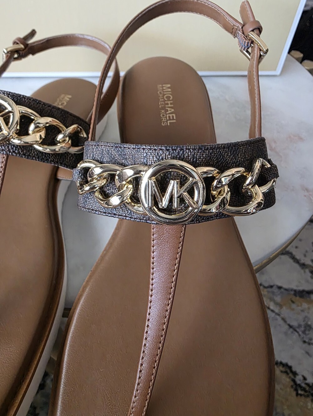 Michael Kors Brown Logo-Print Thong Sandals with Gold MK Accent - Picture 3 of 10